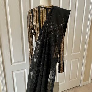 New Sequin Draped Saree with Gold Sequin Striped Blouse